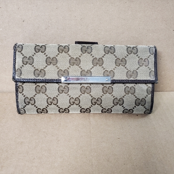 Gucci Monogram GG Long Continental Flap bifold wallet dark brown beige authentic - Picture 1 of 11
